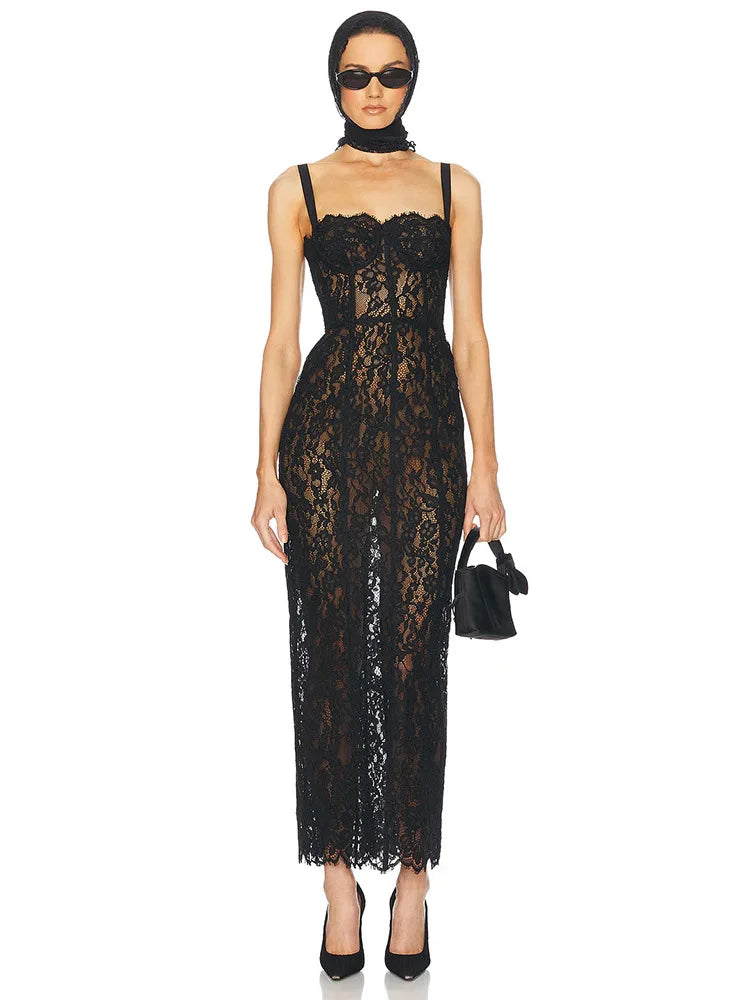 Sexy Spaghetti Strap V Neck Lace Long Dress Women.