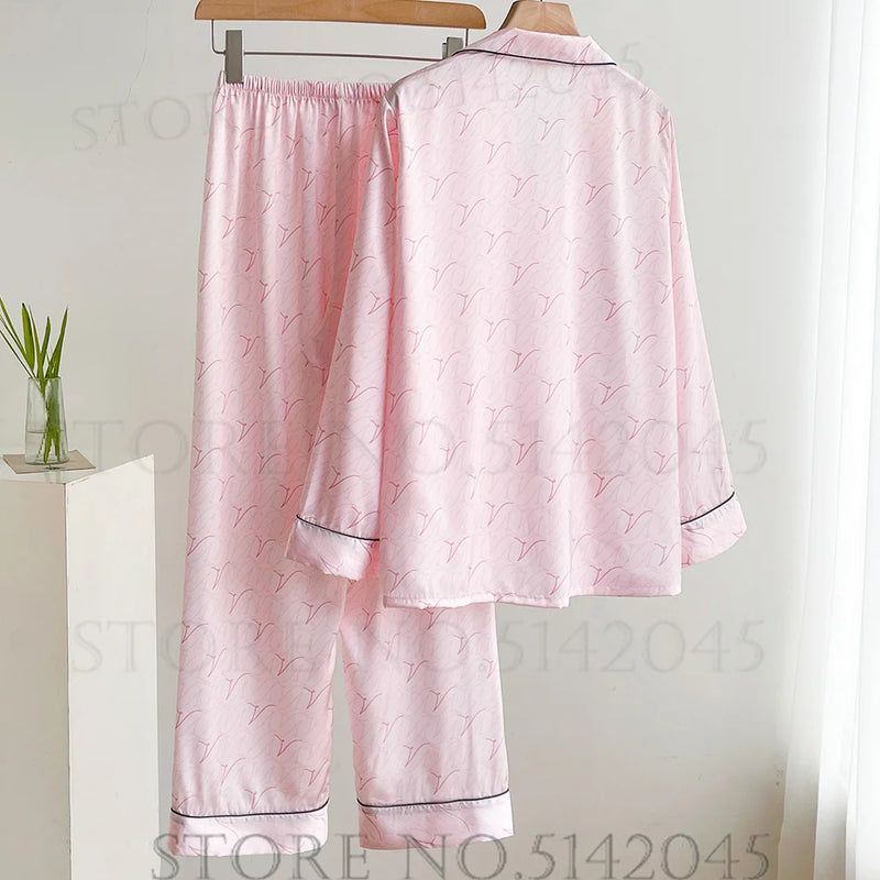 Pink Print Women 2PCS Pajams Set Spring Summer Sleepwear Loungewear.