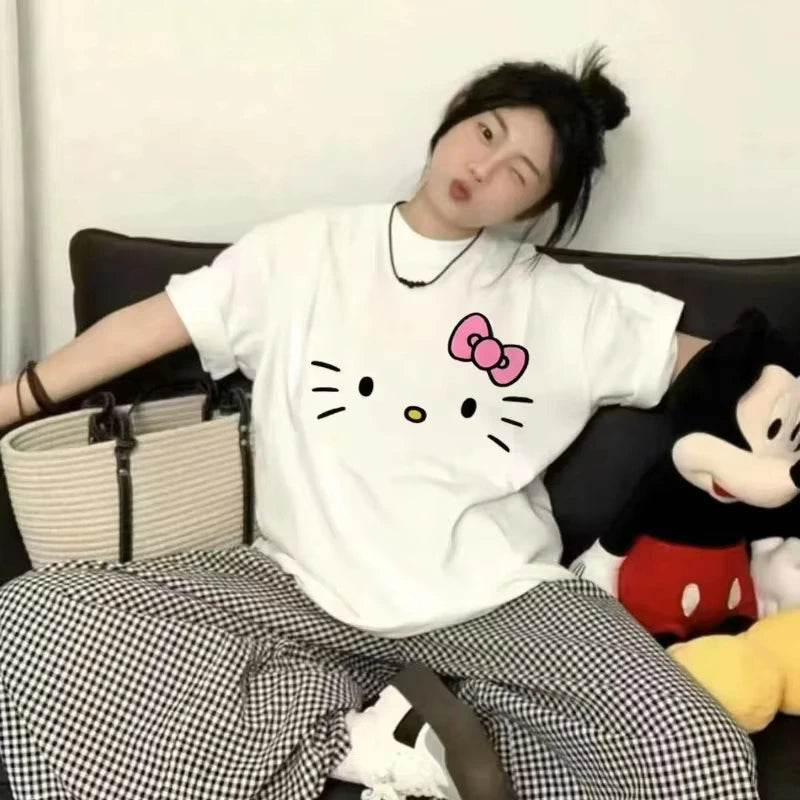 Hello Kitty Cartoon Simple Loose Cute Round Neck Casual Trend Summer.