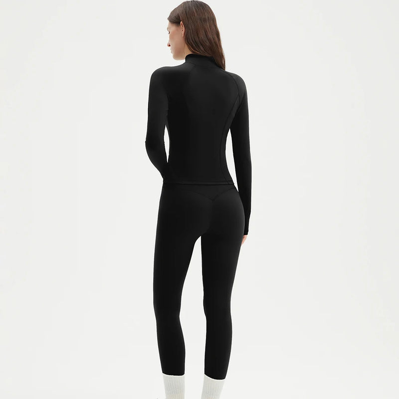Two-piece Sports Set Women Solid Zipper Long Sleeve Sports Jacket & HighWaist Leggings.