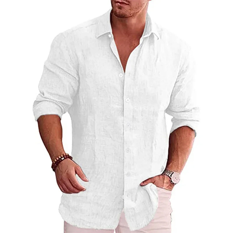 Cotton Linen Autumn Hot Selling Men's Long Sleeve Shirt Solid Color.