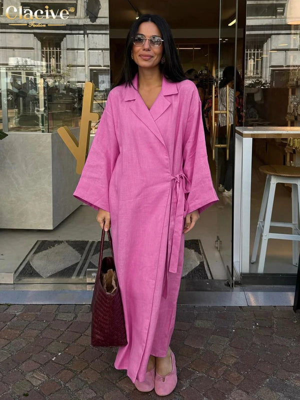 Ladies Fashion Lapel Long Sleeve Ankle Length Dress Elegant Lace-Up Dresses For Women.