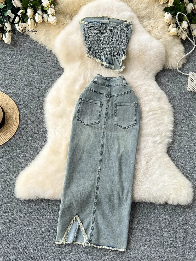 SINGREINY Streetwear Irregular Design Denim Two-piece Set Strapless Button.
