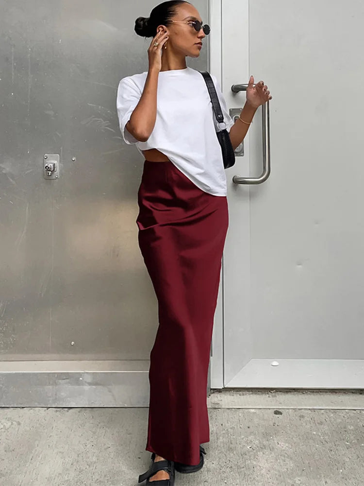 Elegant Satin Black Trumpet Skirts Fashion Slim High Waist Skirts Women.