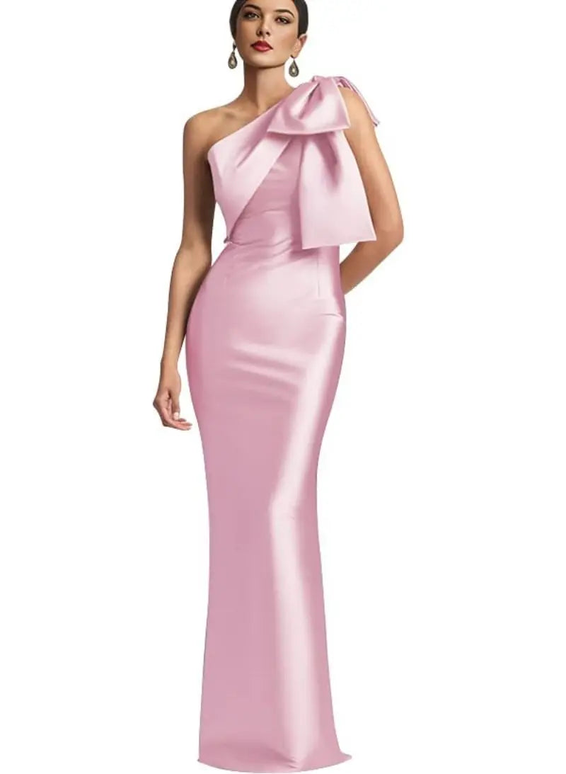Evening Dress Women Elegant Tight Sexy Satin Single Shoulder.