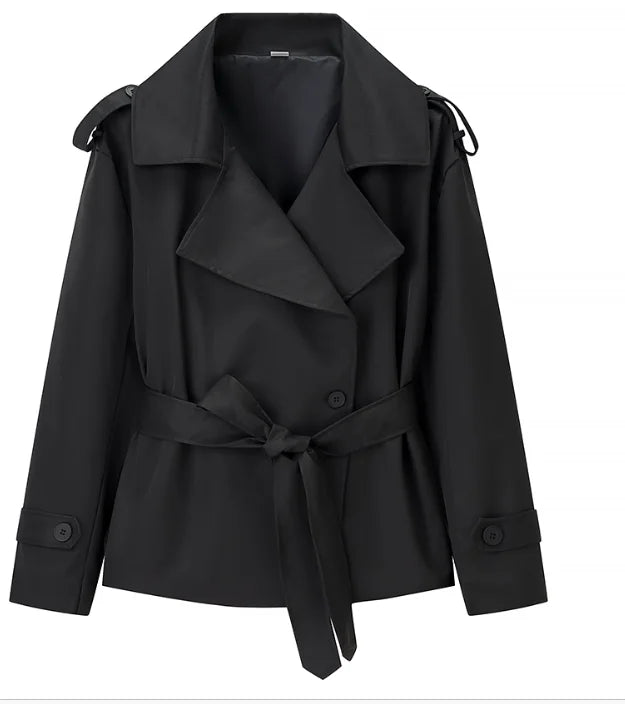 Casual Solid Lace Up Short Trench Coat Women Chic Long Sleeve.