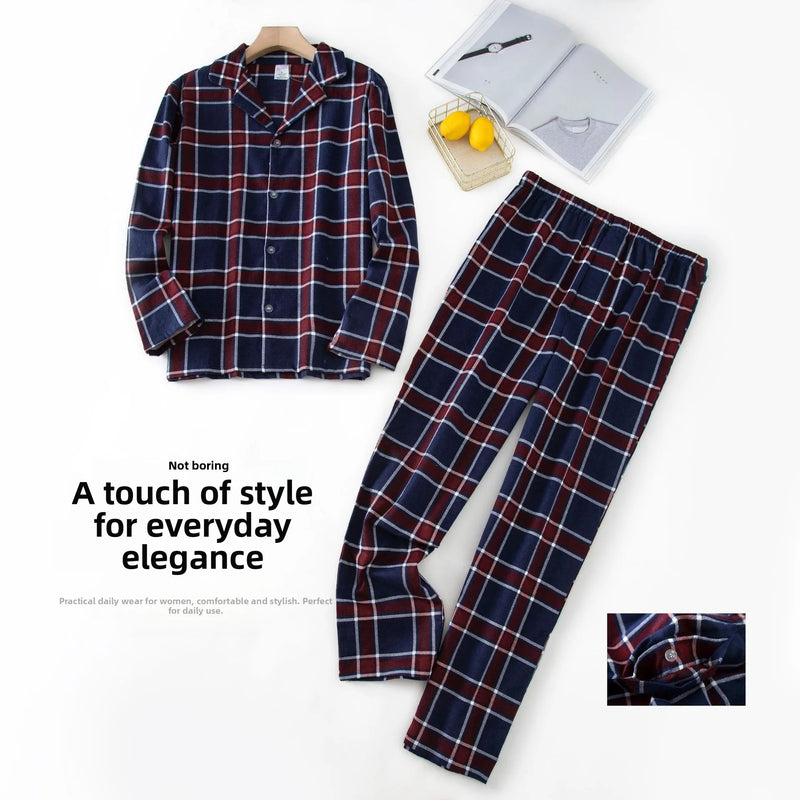 Men's Long Sleeve Plaid Velvet Set Autumn Winter Pajamas.