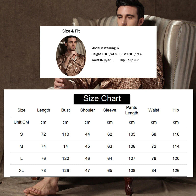 High Quality Pajamas Set Men Spring Autumn Thin Polyester Ice Silk Long-sleeved Sleepwear.