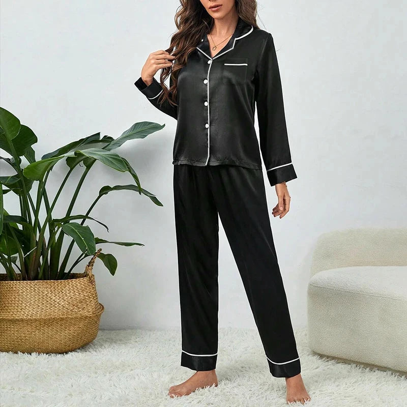 Plus Size Fall and Winter Silk Satin Women Pajamas Set Button down.