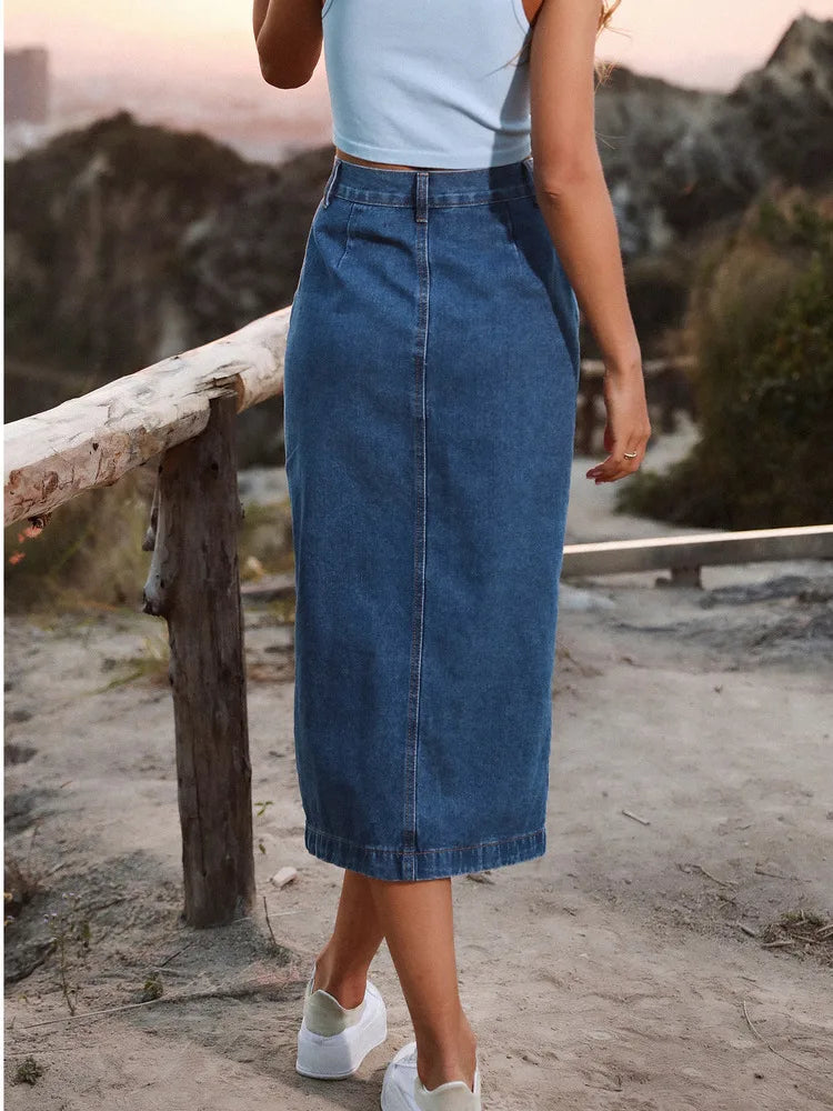 Plus-size Women's Straight Button A-line With Slit Long Denim Skirt.