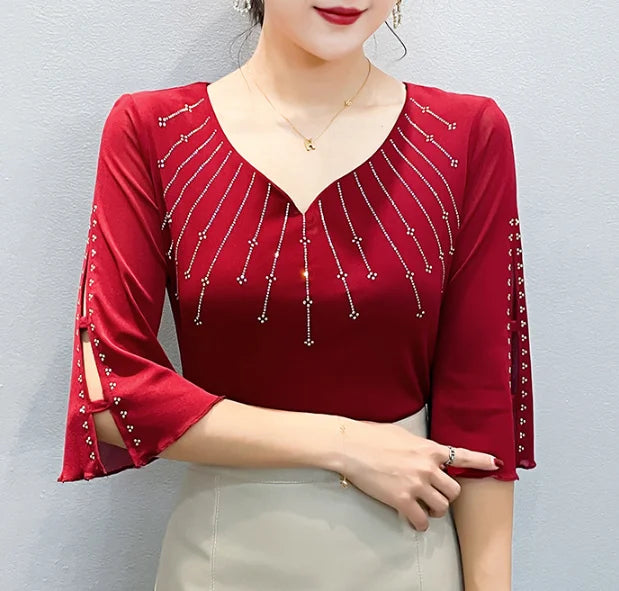 Summer Women Tops New Korean Fashion Diamond Mesh T Shirt V-neck.