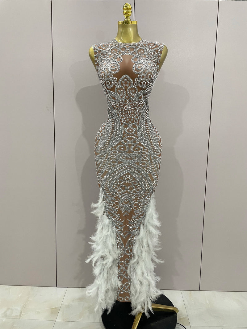 Women Sparkly Rhinestone Feathers Sleeveless O Neck Bodycon Long Dress.