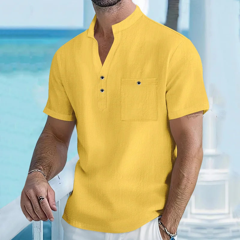 Men's stand up collar short sleeved T-shirt Male Cotton and linen.