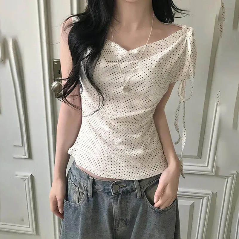 Women's Polka Dot Backless Halter Top Knot Slim Fit Short Sleeve.