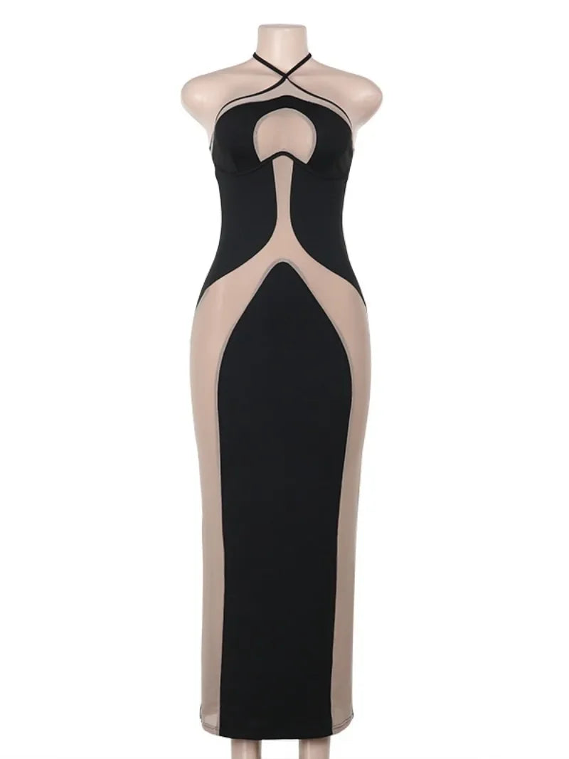 Mesh Patchwork Halter Neck Dresses for Women.