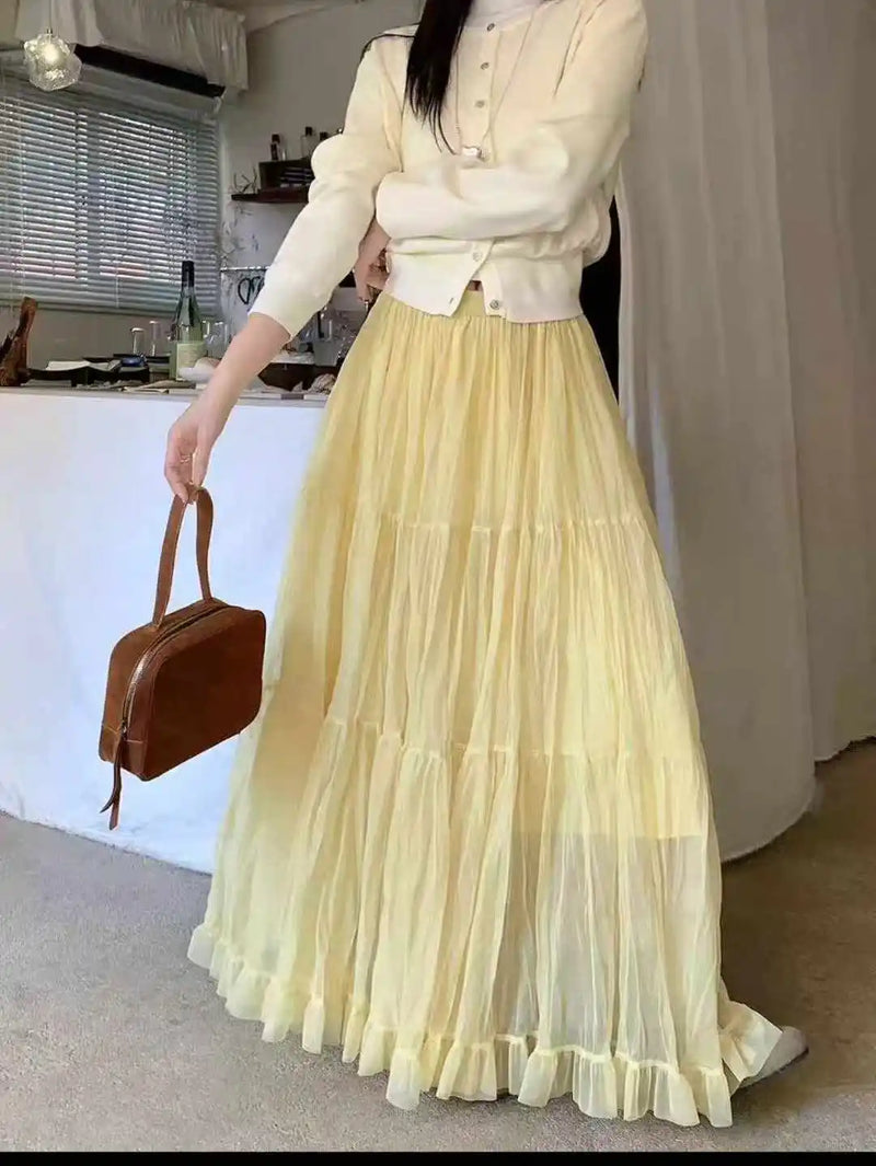 Elegant Pleated Skirt for Women with Elastic Waist Slim Fit A-Line Long.
