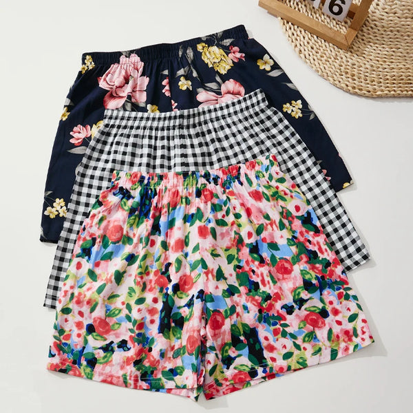 Women's Summer Shorts Floral Checkered Viscose Loose Home Shorts.