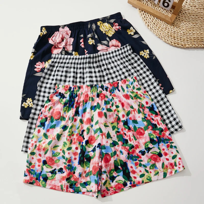 Women's Summer Shorts Floral Checkered Viscose Loose Home Shorts.