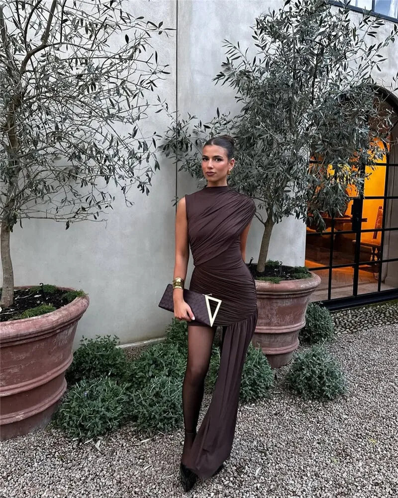 Mozision Irregular Draped Ruched Sexy Mini Dress For Women.