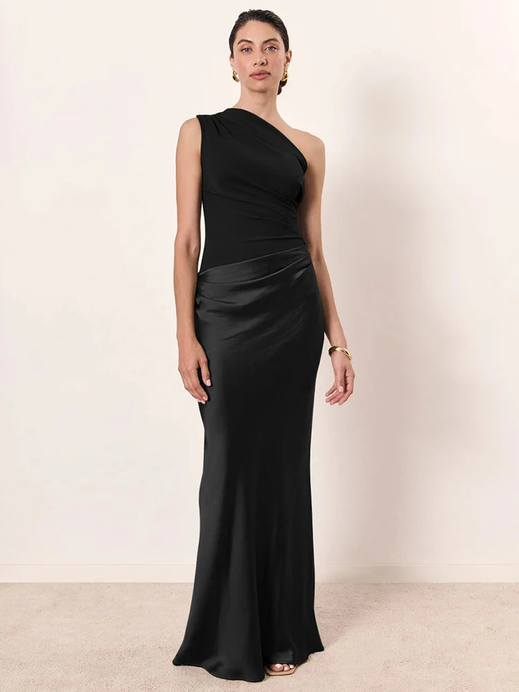 Women’s Mozision Satin Inclined Shoulder Sexy Maxi Dress.