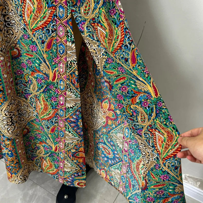 Vintage Bohemian Ethnic Print Long Skirt Women Summer Casual High Waist.