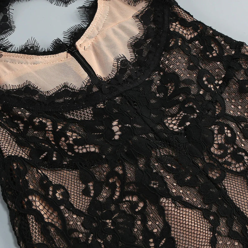Women’s VC Black Lace Cut Out Long Dress Backless High Split.