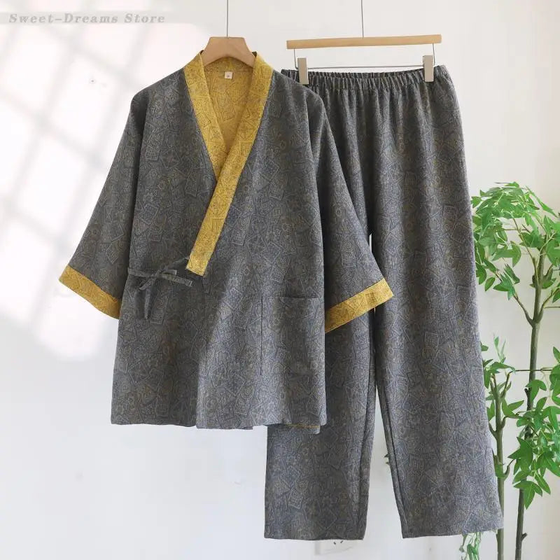 2PCS Pajamas Set Men's Cotton Sleepwear Loose Casual.