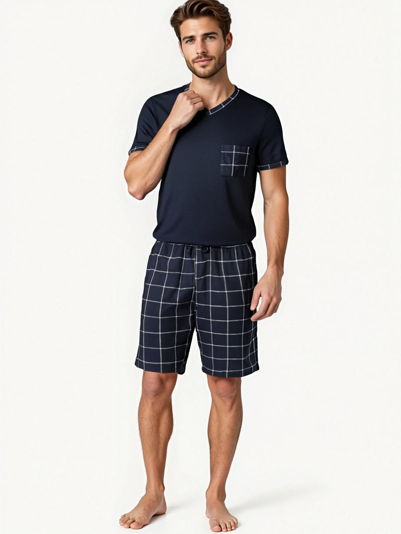 Mens Pajama Sets Short Sleeve Plaid Pajamas.