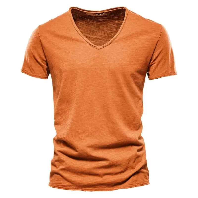 Spring Summer Cotton T Shirts Men Simple VNeck Stretch.