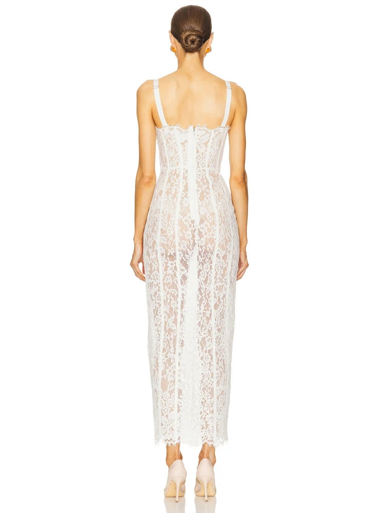 Sexy Spaghetti Strap V Neck Lace Long Dress Women.