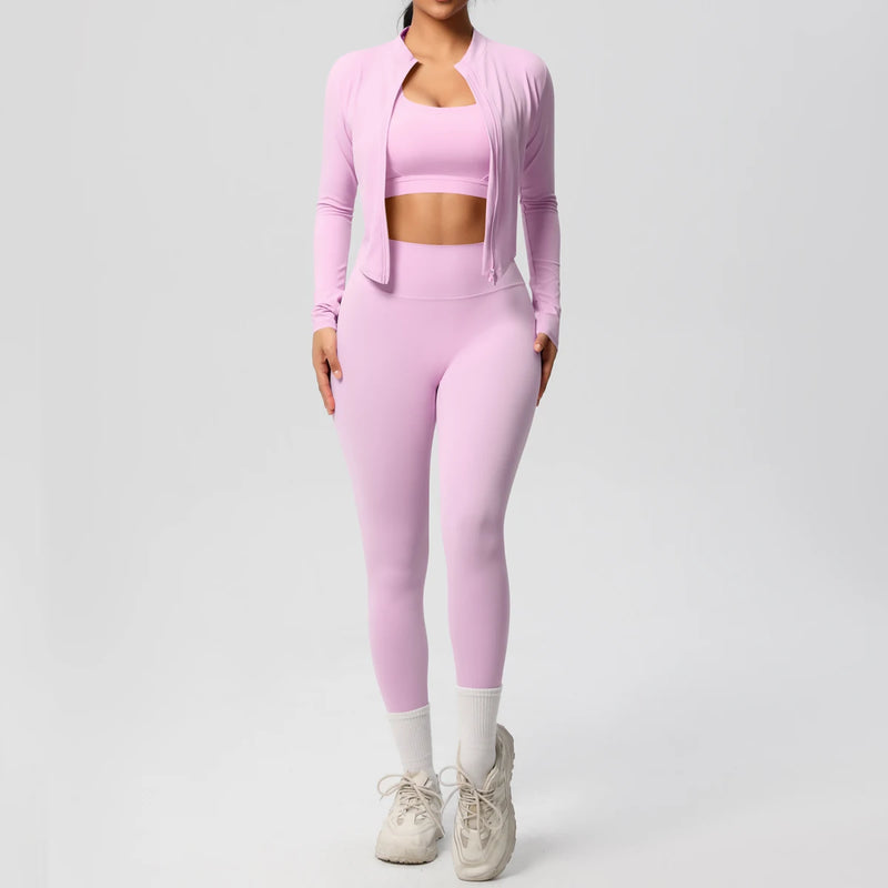 3pcs Sportswear Yoga Set Gym Sports Bra Zipper Jacket Leggings Clothes.