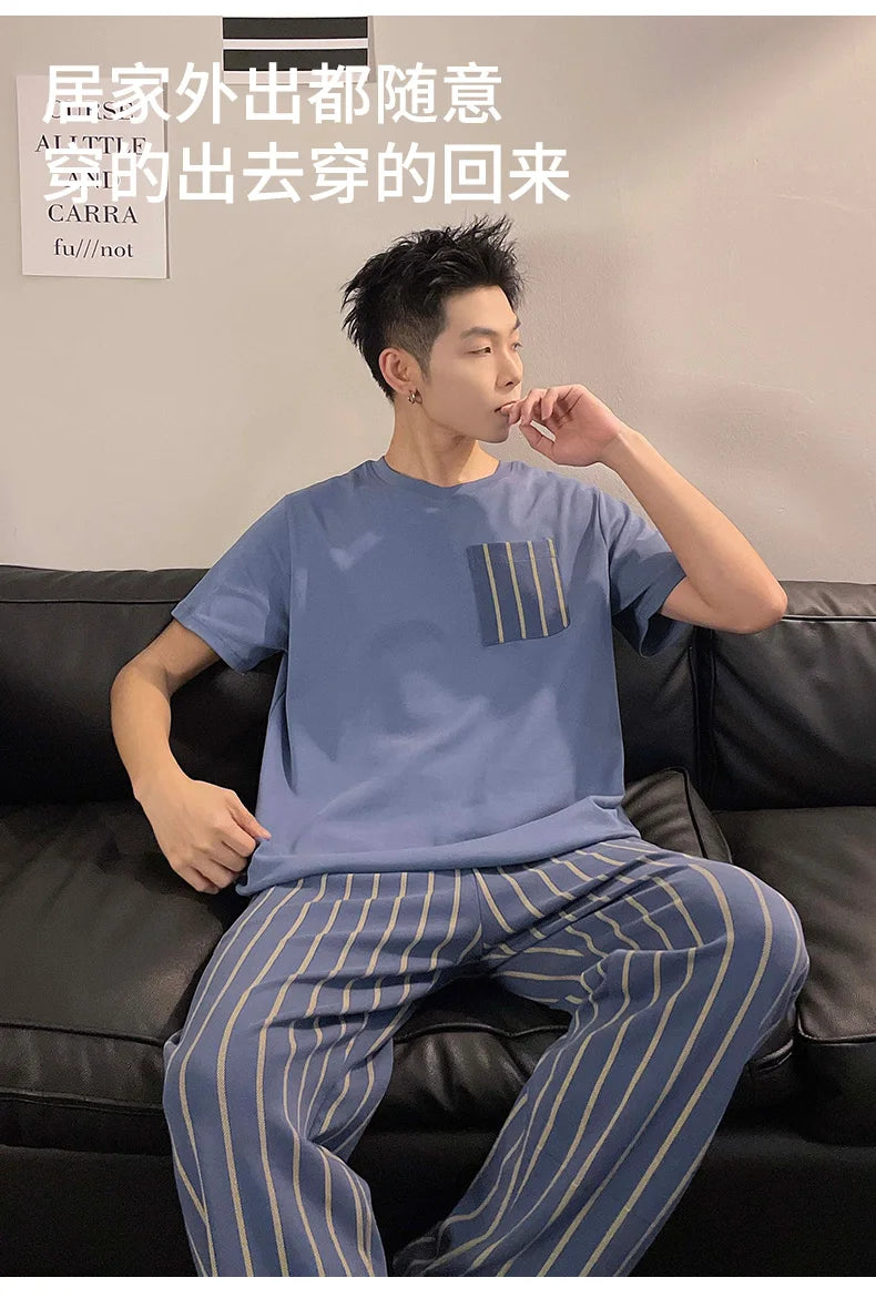 Summer Knitted Plaid Cool Mens Pyjamas Pajamas Casual Pjs Lounge Sets.