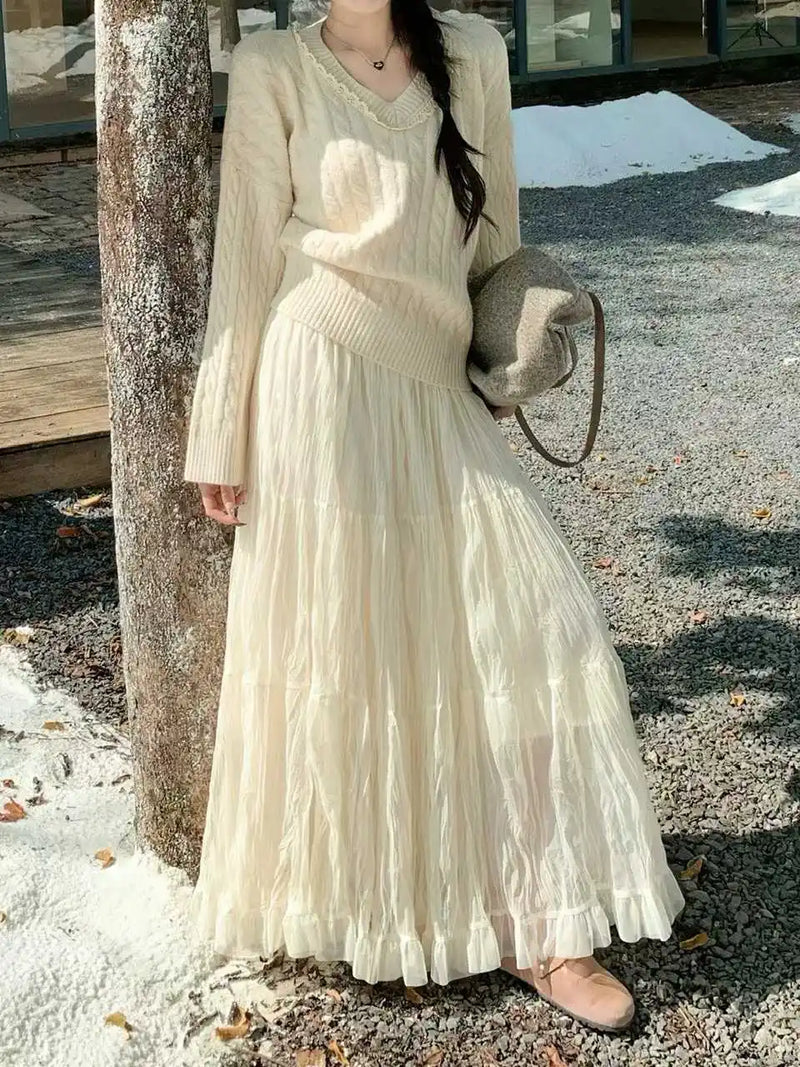 Elegant Pleated Skirt for Women with Elastic Waist Slim Fit A-Line Long.