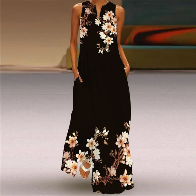 3D Floral Printed Dress Summer Vintage V-neck Sleeveless Loose Maxi Dress Elegant.