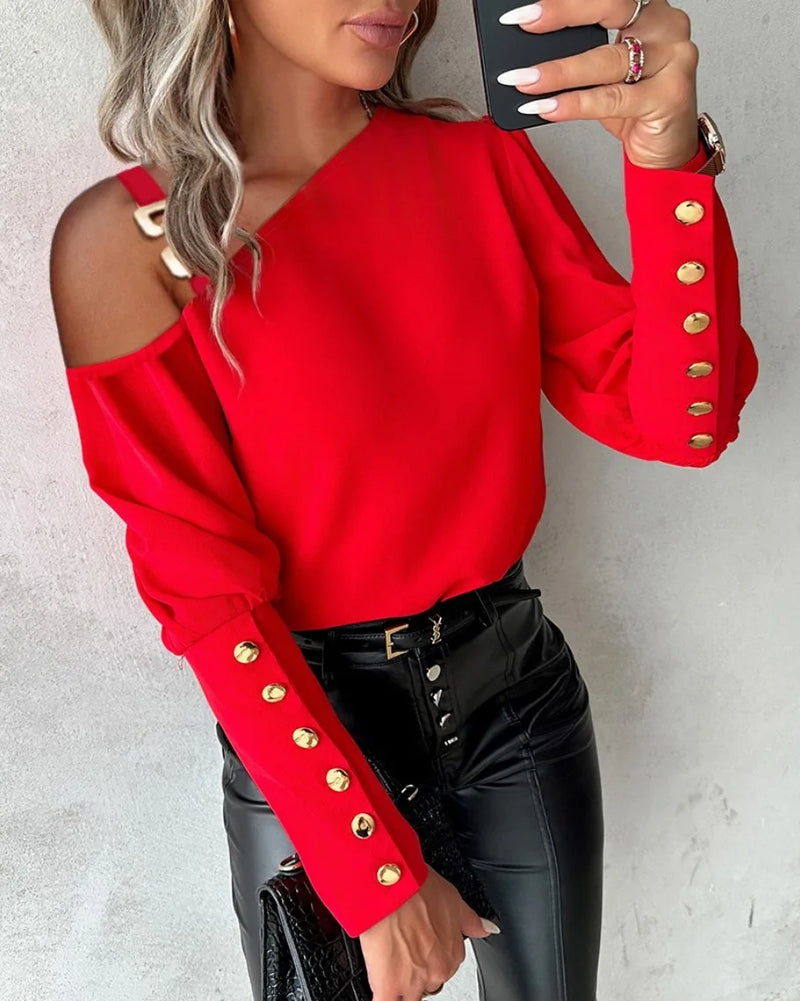 Fashion Lantern Sleeve Button Splicing Shirt Women Elegant Office Commuter.