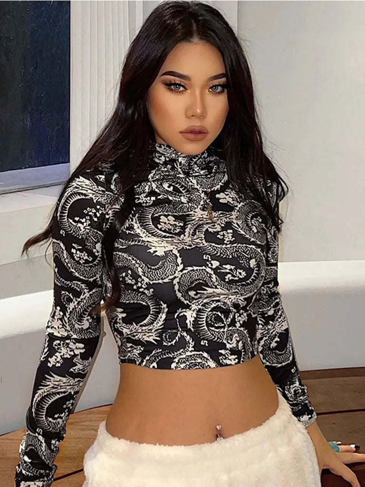 Fashion Trend Women's Stylish Dragon Printed Crop Tops Long Sleeve.