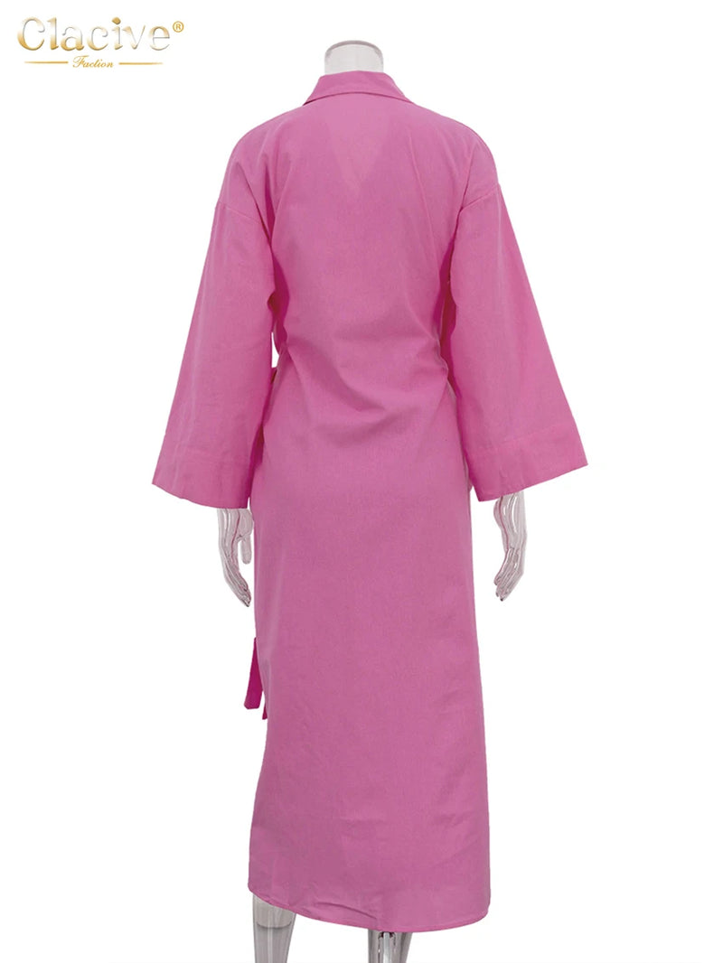 Ladies Fashion Lapel Long Sleeve Ankle Length Dress Elegant Lace-Up Dresses For Women.