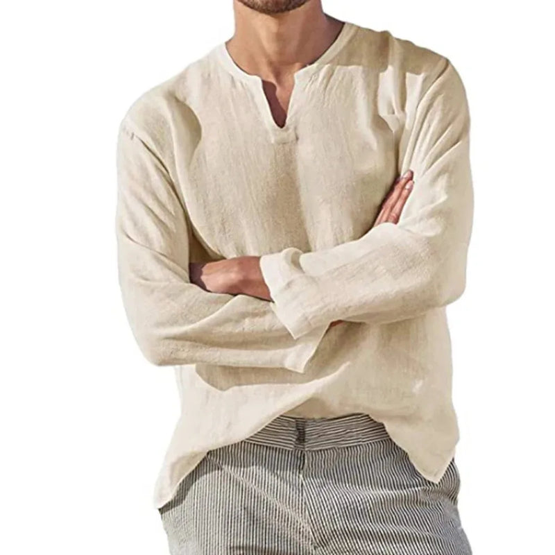 Men's Cotton Linen Shirt Cozy Solid Color Long Sleeve Breathable Tops.