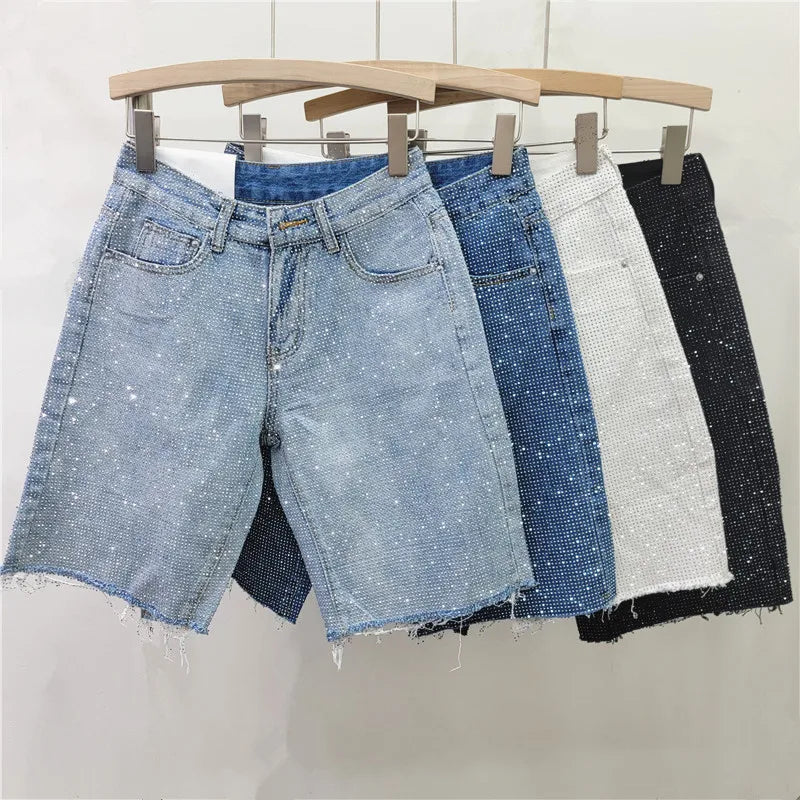 Denim Shorts Women Short Pants Diamonds High Waist.