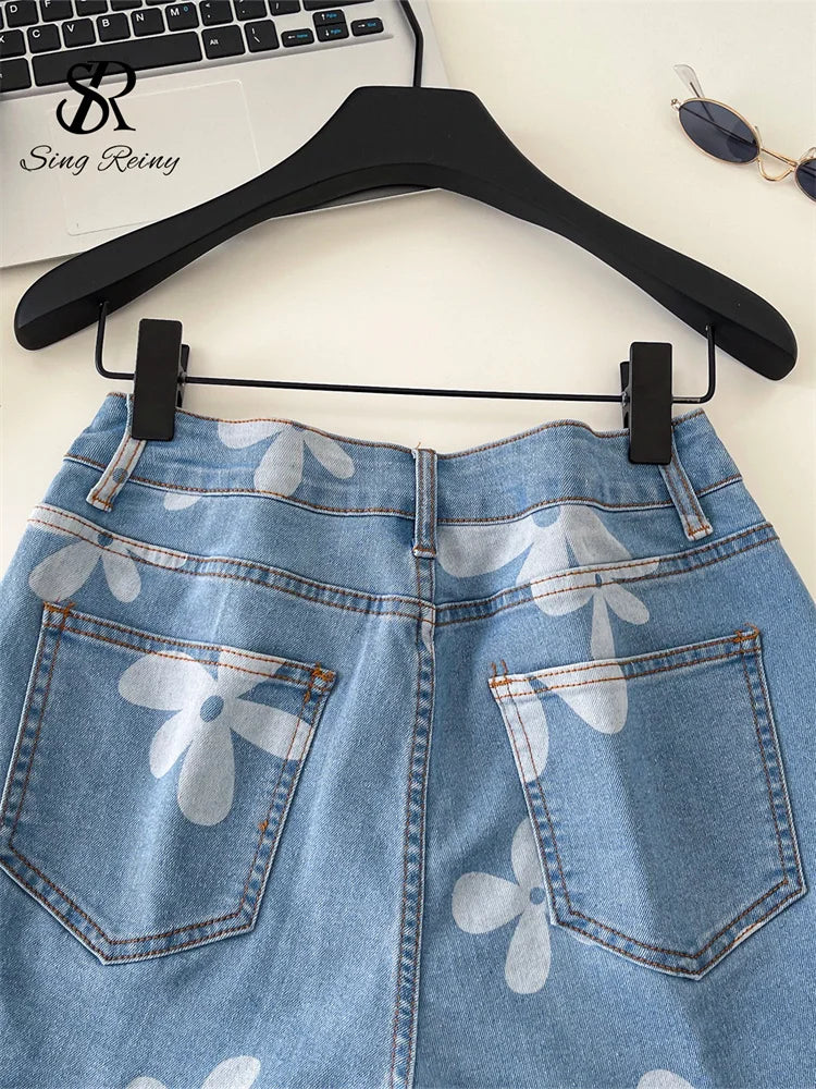 SINGREINY Print Denim Shorts Casual Korean Style High Waist Slim.