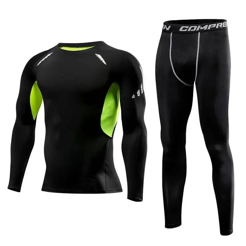 Men Sports Running Set Compression Shirt + Pants Skin-Tight Long Sleeves.