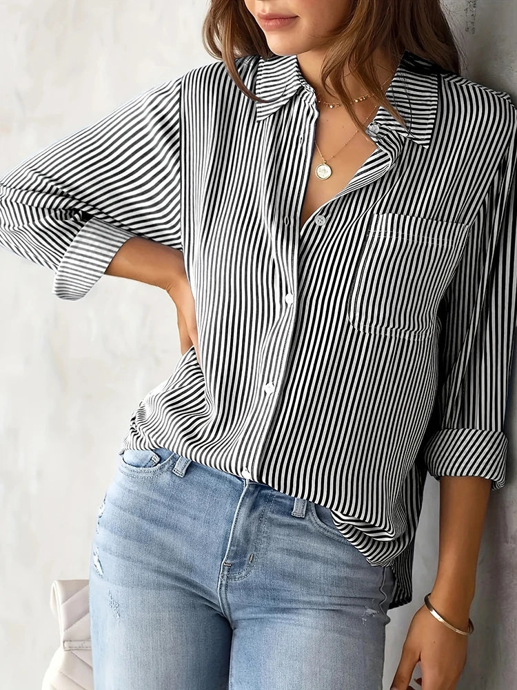 Women Long Sleeve Striped Loose Shirt Office Lady Elegant Turn Down.