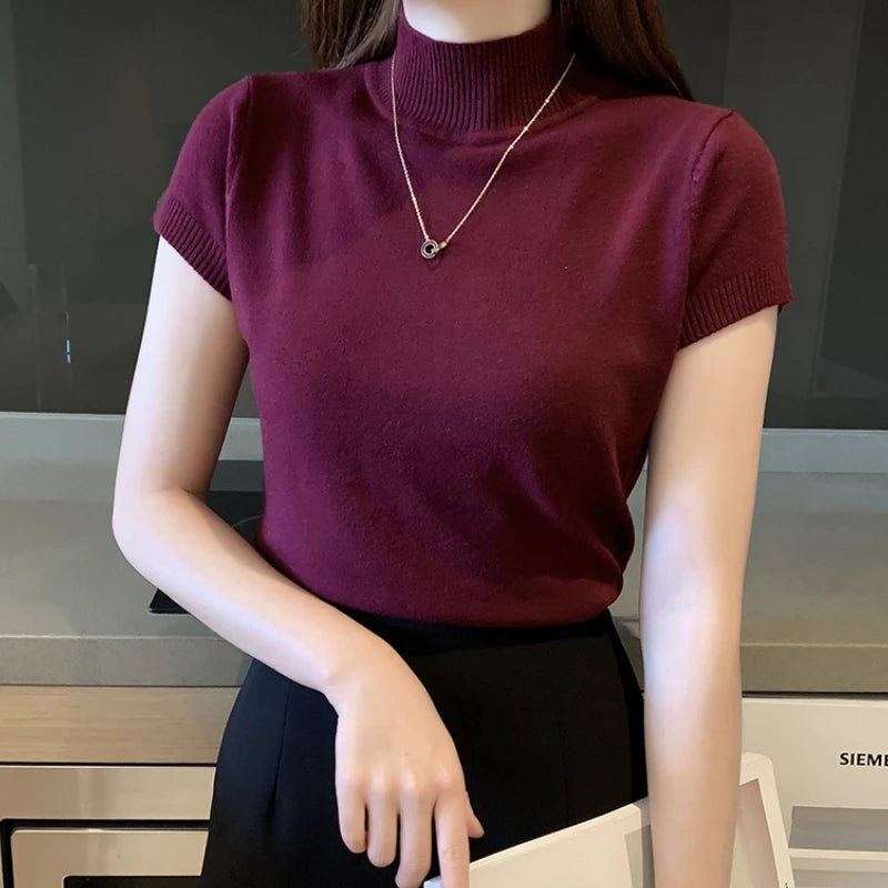 Half-High Neck T-Shirt Women's Fashion Jumper Casual Tops.