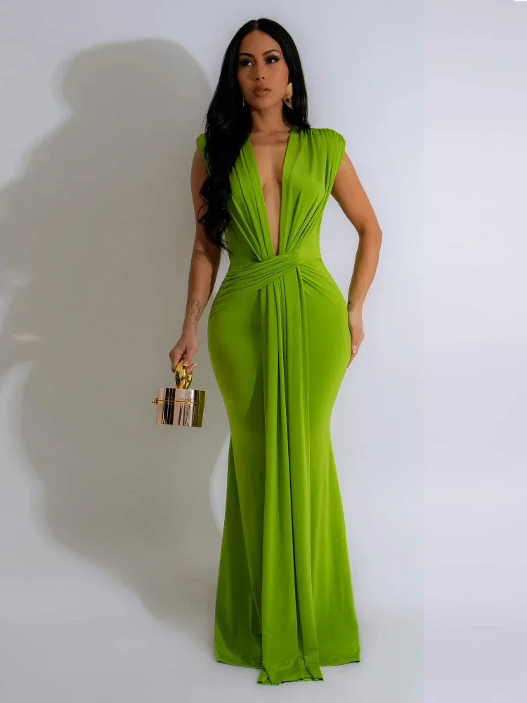 Elegant Ruched Bodycon Maxi Dresses for Women Birthday Night Party.