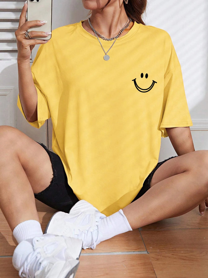 Happy Expression Printed Womens Cotton Short Sleeve Street Hip Hop Tee.