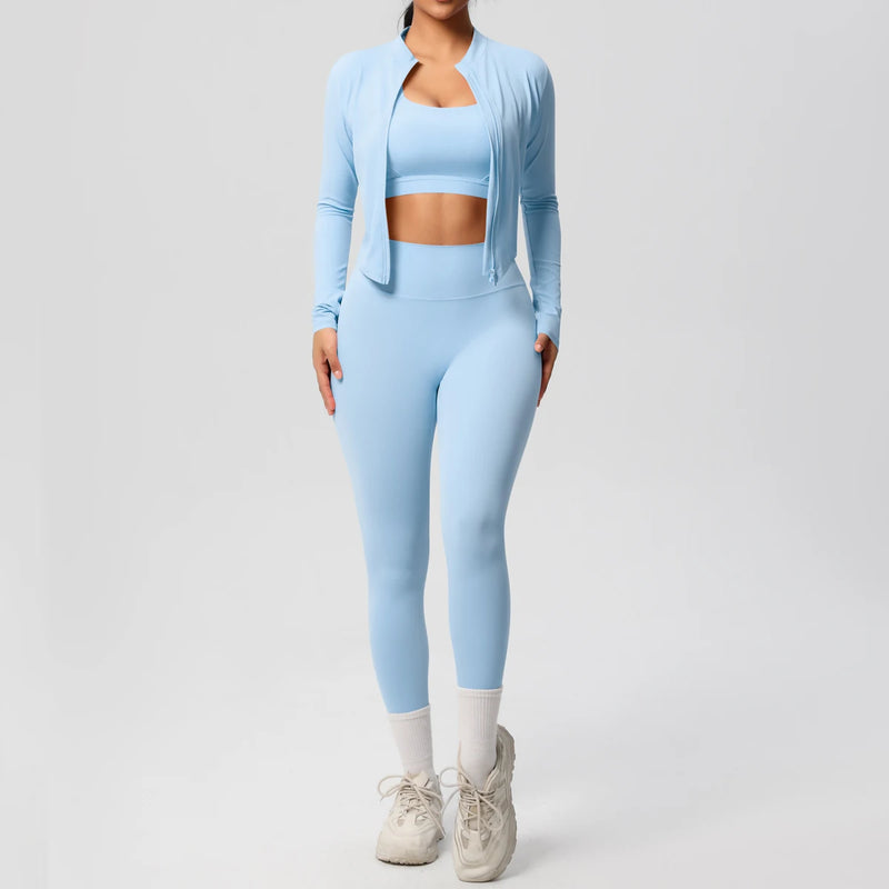 3pcs Sportswear Yoga Set Gym Sports Bra Zipper Jacket Leggings Clothes.