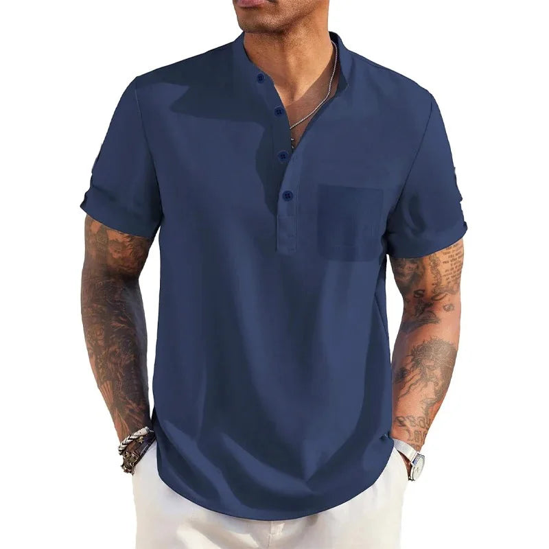 Summer Men's Cotton Linen T-Shirt Henley Neck Pocket Casual Lightweight.