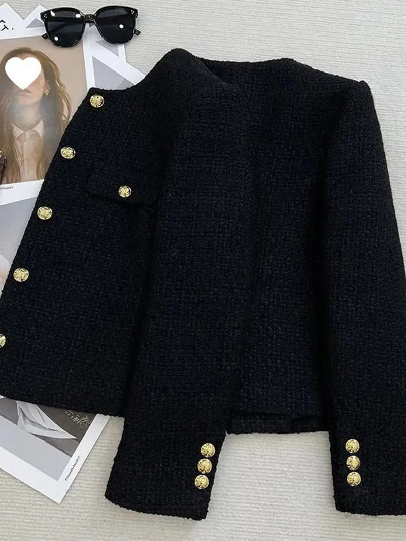 French Wool Tweed Coat Fashion High-end Gold Button Short Slim for Women.