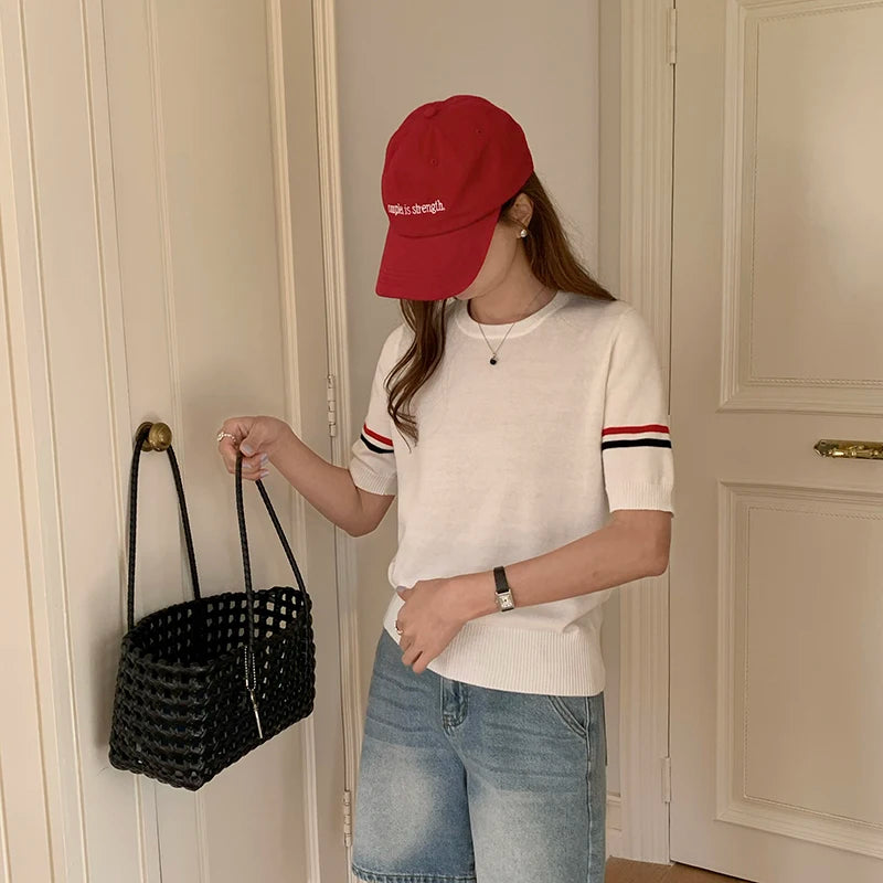 Summer  cotton women's T-shirt casual striped knit pullover short sleeved.