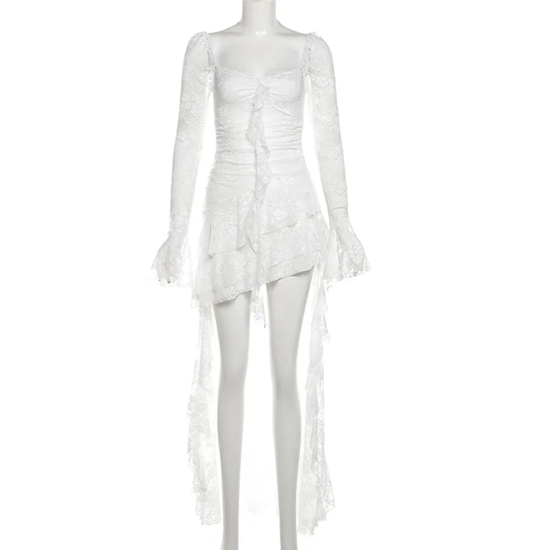 Women’s Goth Dark Fairycore Lace Flare Sleeve Square Neck A-line Dress.